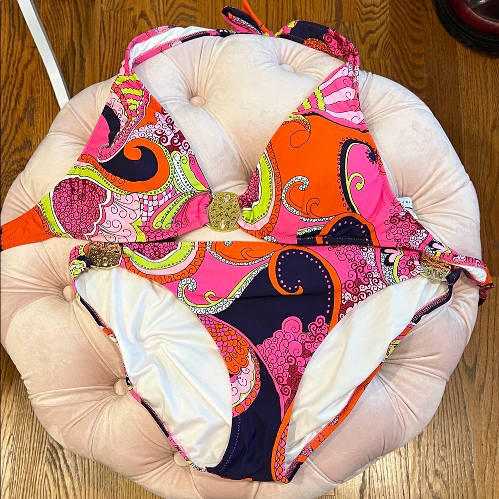 Trina Turk Orange, Brown with Pink Swirl Bikini with gold accents. EUC, 12